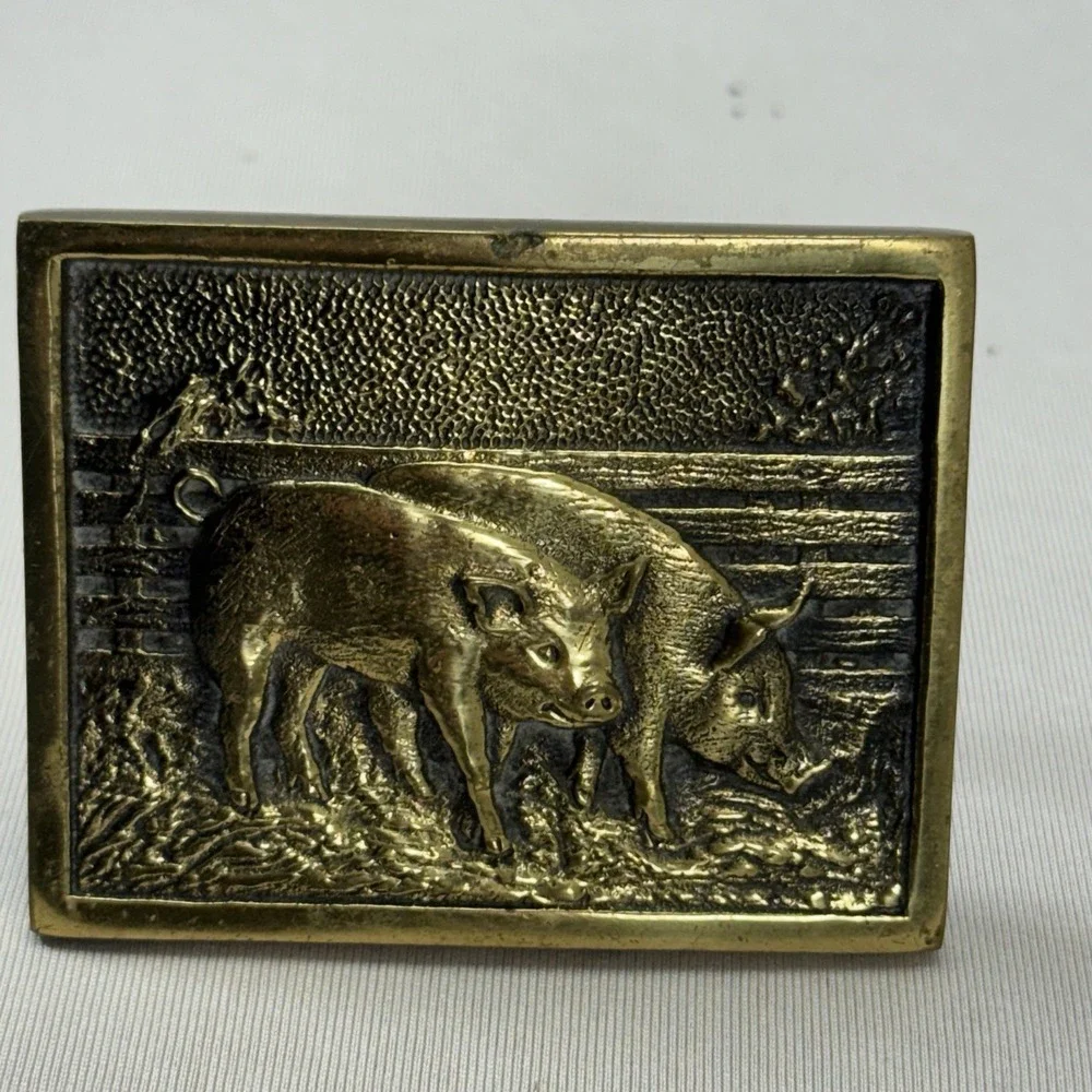 Vintage 1978 BTS Hog Pig Brass Belt‎ Buckle 3x2.25